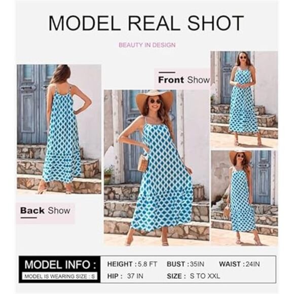 Women's Summer Dress Spaghetti Strap Smocked Ruffle Flowy Boho Maxi Dress - Picture 2 of 6